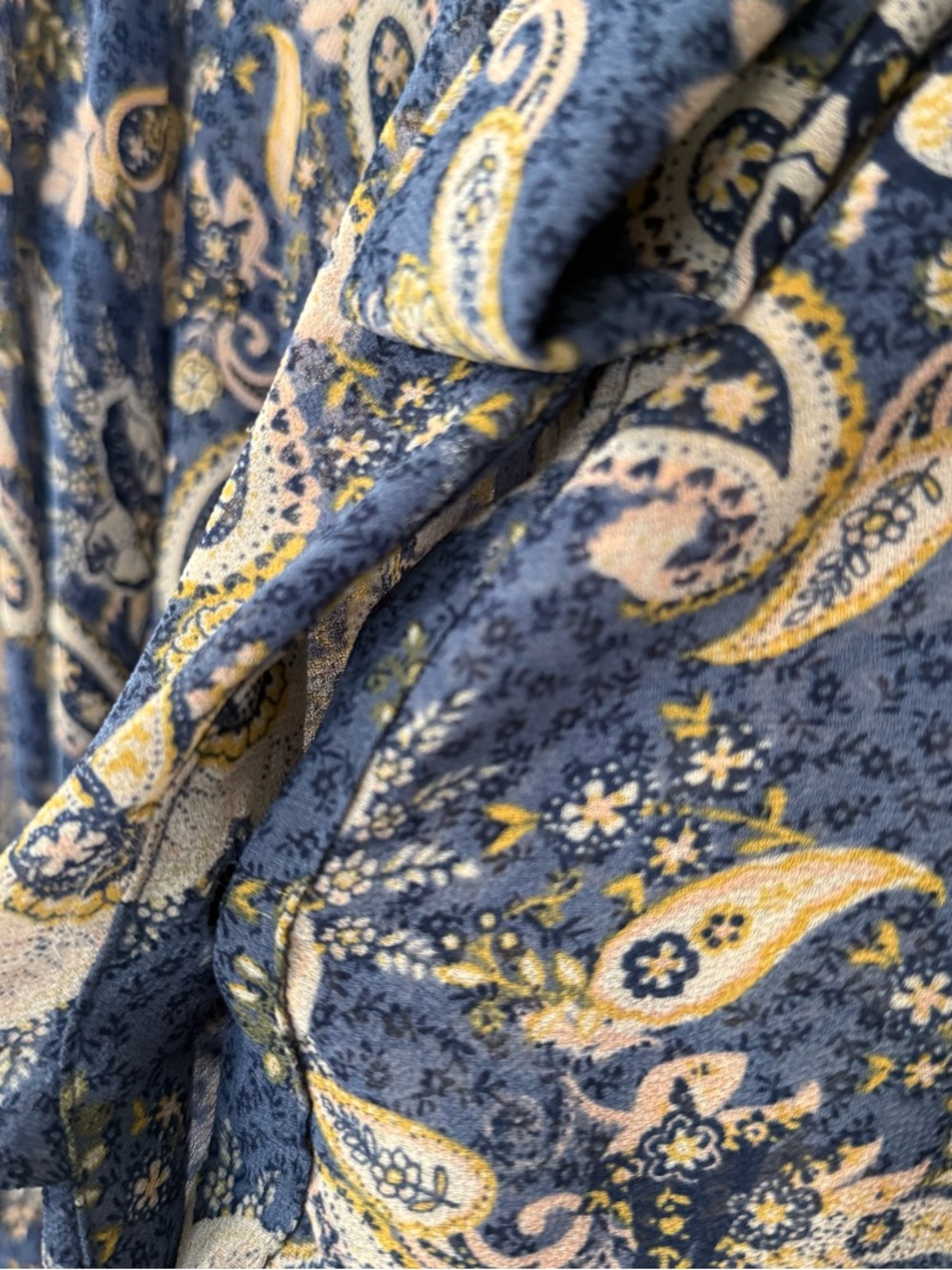 MISA Blue/Ivory Paisley Long Sleeve Ruffle Neck Tie Blouse S - Picture 6 of 8